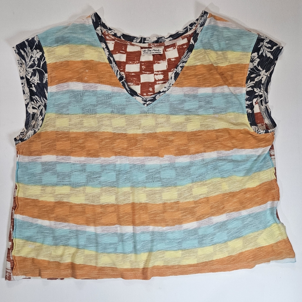 We The Free Blouse Womens XS Orange Sky Blue Stripe Multicolor Art To Wear Boho‎